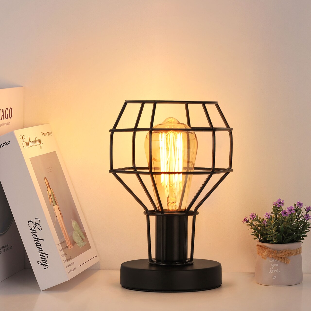 Industrial Vintage Table Lamp Metal Cage Shade Bedside Lamp for Bedroom, Living Room, or Office E26 Bulb Compatible, 59” Cord with Switch